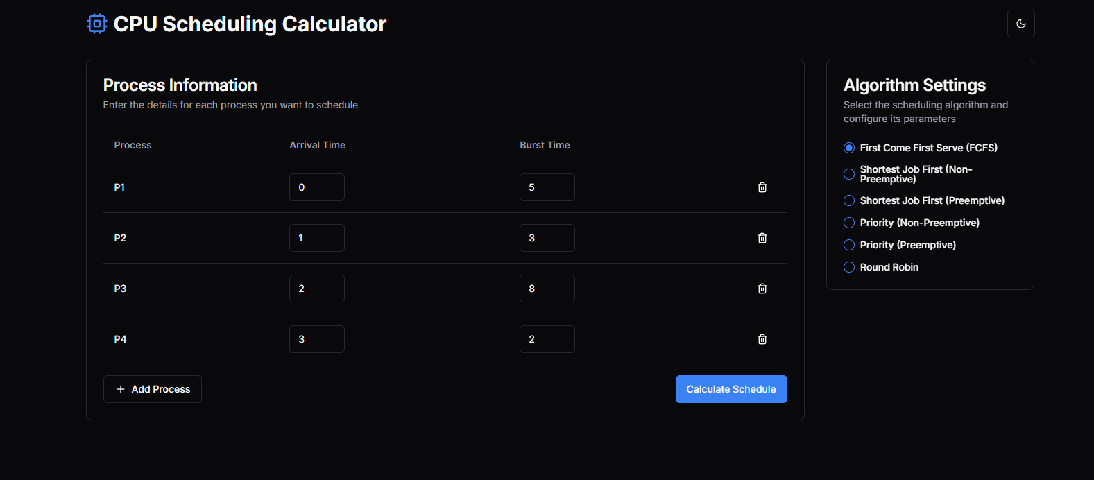 CPU Scheduling Calculator